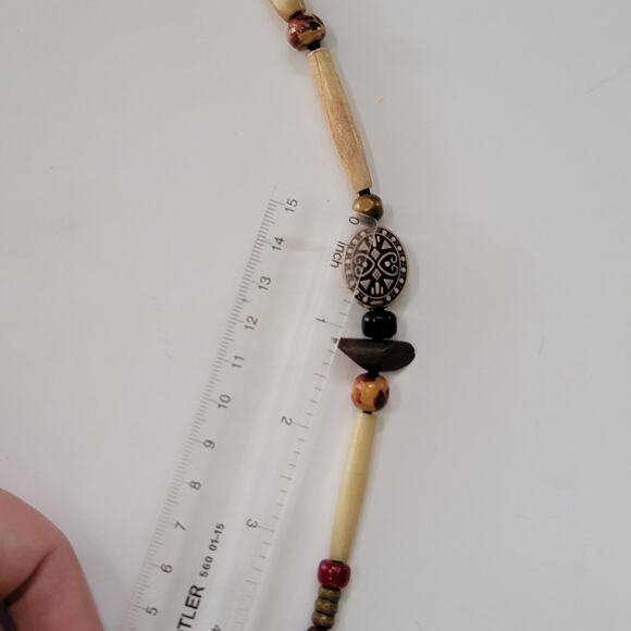 Tribal Boho Beaded Necklace With Carved Wood Bone Style Beads And Earthy Accents - Picture 6 of 10